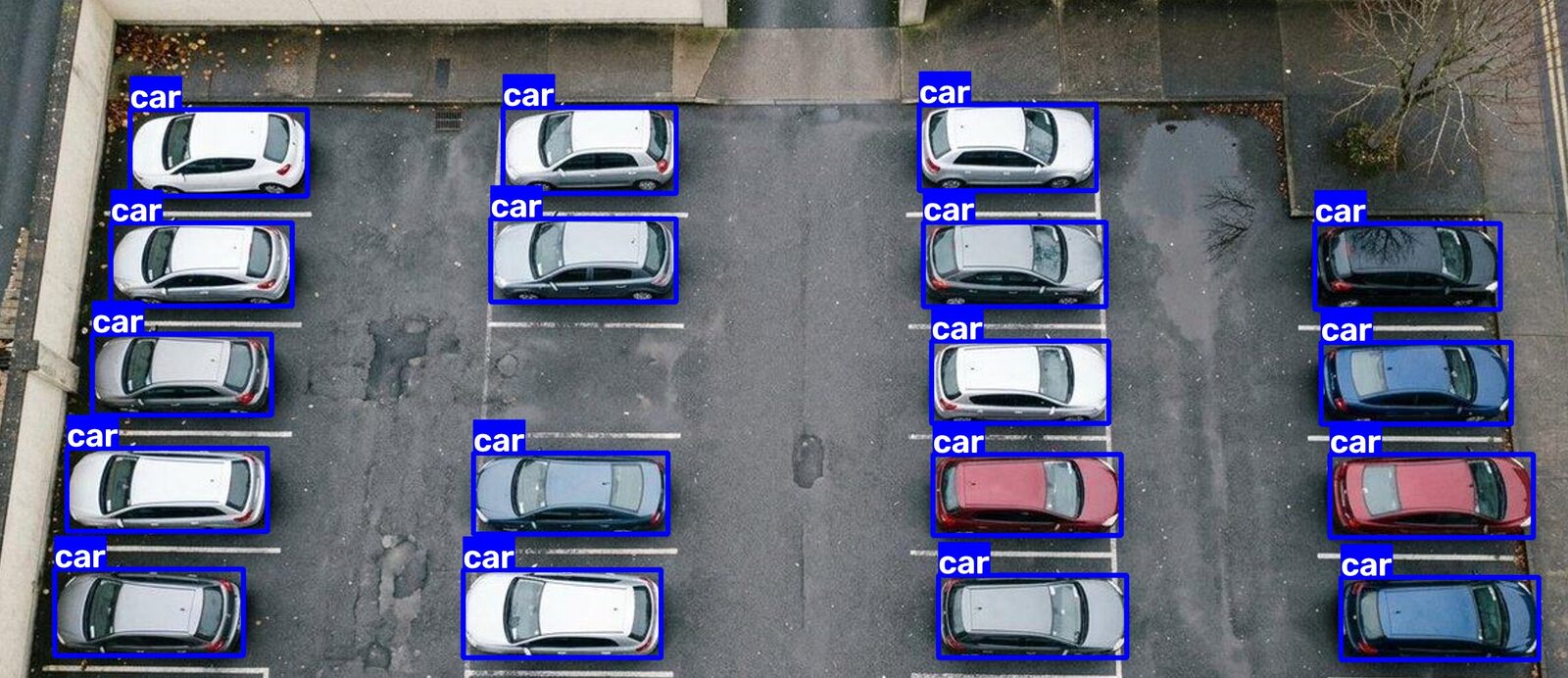 The same car park with a blue box and the label 'car' drawn around each car.