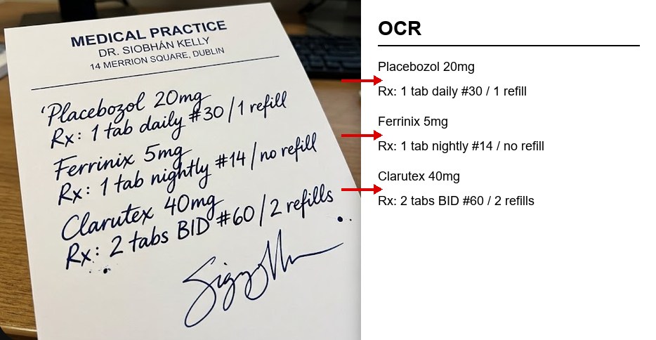 The same prescription note with the OCR text it produced arrowed out beside it.